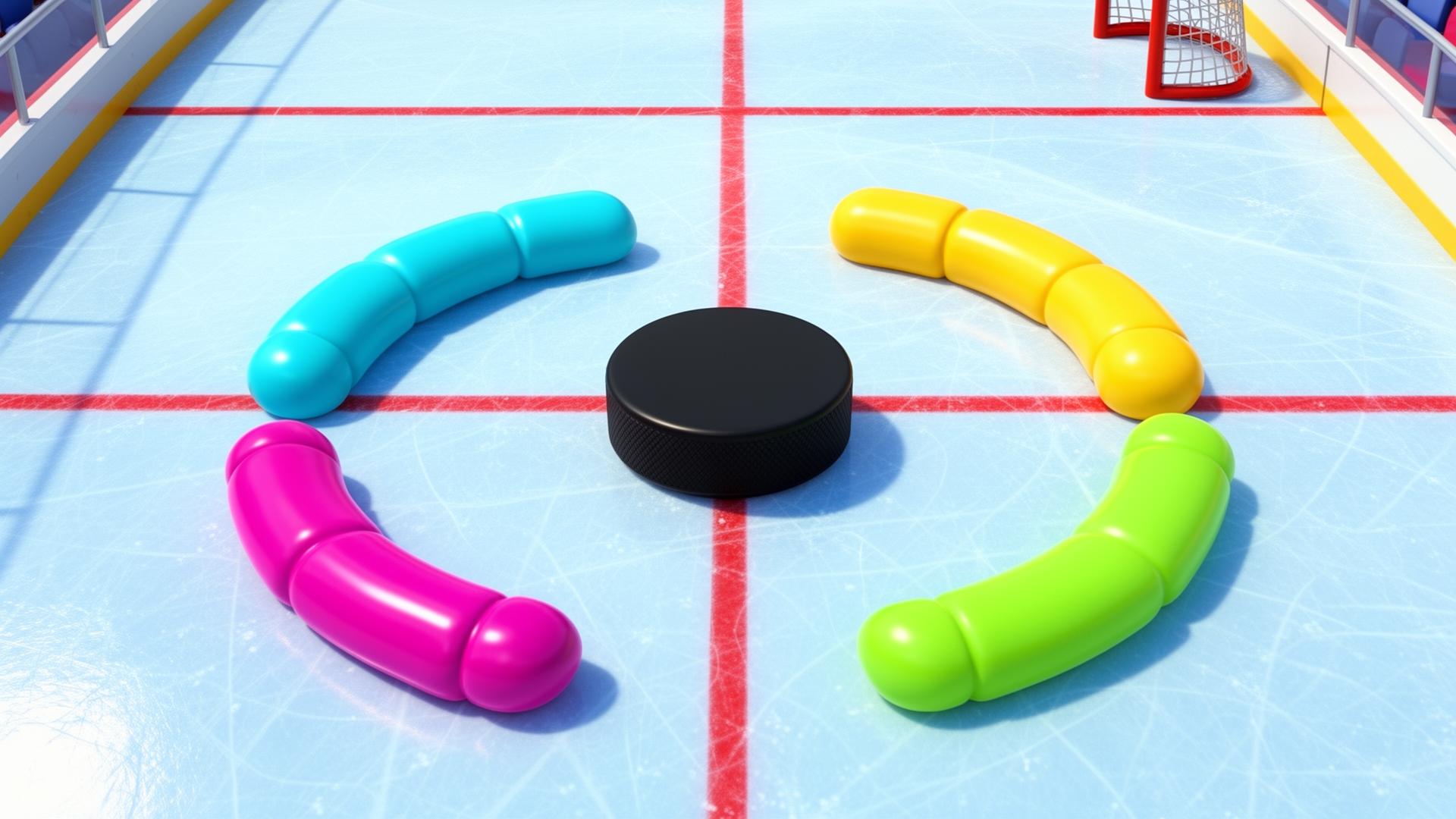 Top-down view of the Right Angle Rippers hockey rink with a puck and colorful rebounders